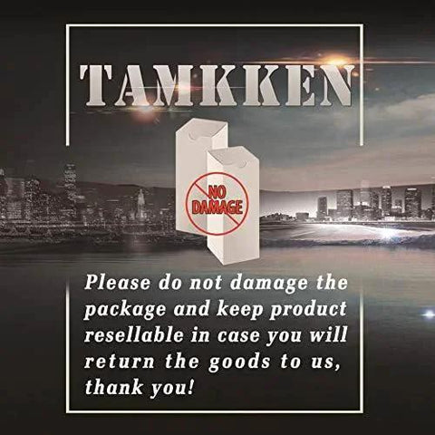 Tamkken packaging with 'no damage' warning, instructions to keep product resellable for returns, city skyline background.