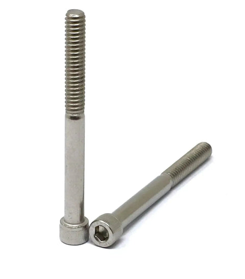 Two stainless steel hex socket head cap screws from Heavy Duty 20 Pack 1/4-20 By 2-1/2 Inch, partially threaded, on white background.