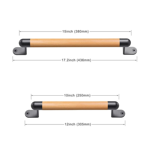 12 Inch Wooden Barn Door Pull Handle With Two Metal Supports Built Tough Heavy Duty Sliding Door Handle For Barn Gate Fence Closet Or Garage Includes Install Hardware Warm Beech Wood Grip And Easy To Clean shown with measurements.