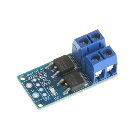 Dual High Power MOSFET Trigger Switch Drive Module for PWM Control, featuring blue connectors and MOSFETs on a compact circuit board.