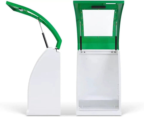 AED Defibrillator Storage Cabinet With Alarm And Key Lock Steel Wall Mount shown open with adjustable partition and plexiglass window.