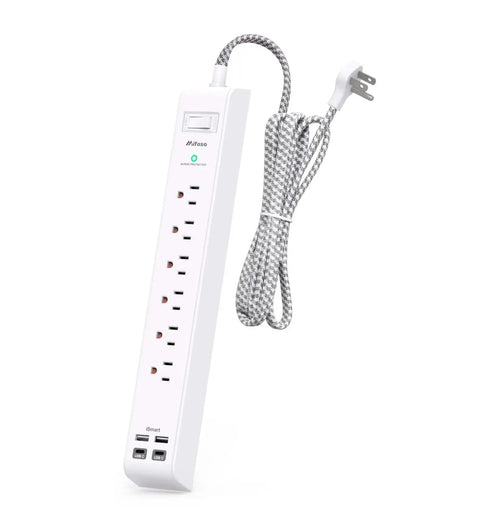 10 In 1 Surge Protector Power Strip With 6 Outlets And 4 USB Ports Fast Charging, 5Ft Braided Extension Cord, showing flat plug