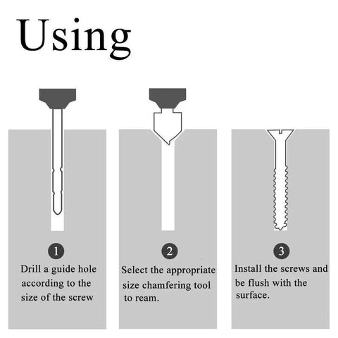 Diagram of using All In One Woodworking Chamfer Drill Bit Set Featuring Rocaris 23 Piece Kit for drilling, chamfering, and screwing.