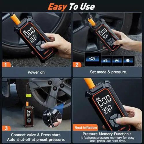 Cordless Tire Inflator Portable Air Compressor With 150 PSI Dual Power 6000mAh Battery shown inflating car tire with digital gauge