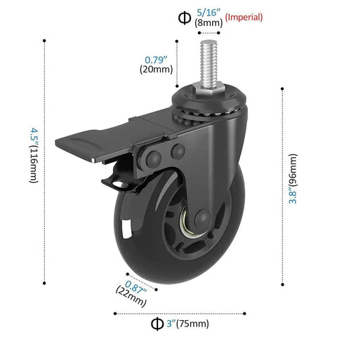 Three Inch Swivel Stem Caster Wheels Set Of Four With Two Brakes And Two Without Brakes Heavy Duty Threaded Stem shown with dimensions