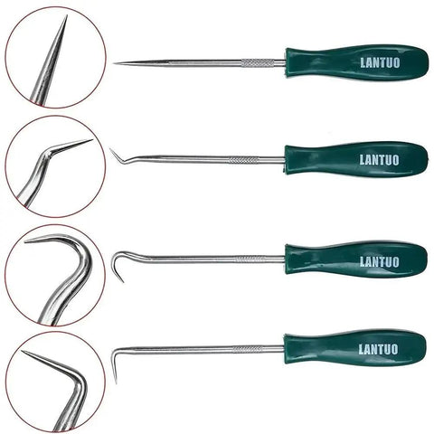 Four Piece Oil Seal Puller Kit With Internal And External Hooks O Ring Tool And Pry Bar for Automotive Seals and Gaskets, green handles
