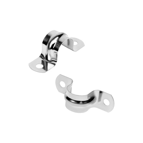 Two stainless steel conduit clamps, 3/4 inch, U-shaped strap with two mounting holes for pipe fixing on surfaces