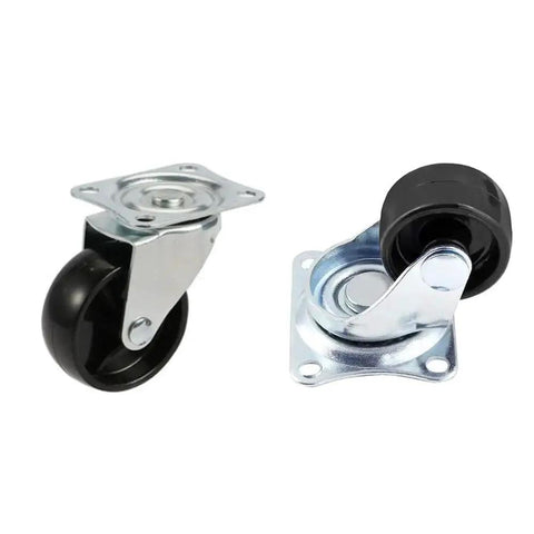 1 Inch Castor Wheels Set of 4 for Furniture and Carts, shown from side and angled views, with black polyurethane wheels and galvanized steel plate.