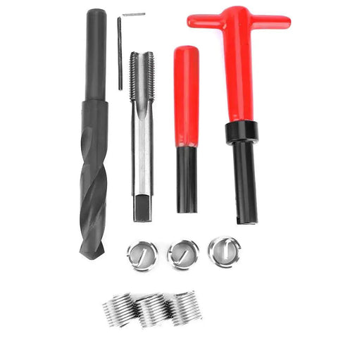 11Pcs M16x1.5 Thread Repair Kit in stainless steel, including drill, taps, and insertion tools for Helicoil-style threaded holes.