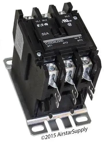50 Amp 3 Pole Definite Purpose Contactor with 208-240V AC Coil, base mounted, showing double quick connect terminals on line and load.