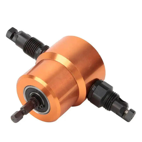 Close-up of 360 Degree Double Head Sheet Metal Cutter, orange metal design, drill attachment for cutting metal roofs and HVAC tubes.