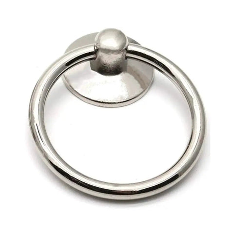 Front view of a single silver tone drawer ring pull knob from the Six Piece Silver Tone Drawer Ring Pull Knob Set Includes Screws Two Inch Total Length Ring Diameter About One And Three Quarter Inches Three Millimeter Mounting Hole Metal Cabinet Handles For Dresser Drawers
