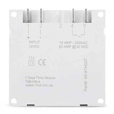 Back view of 12/24 Volt DC Timer Switch With 7 Day 24 Hour Programmable Time Relay Clock, showing input and output specifications.