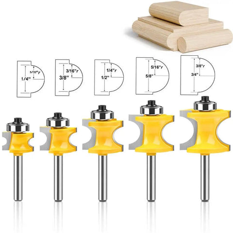 Bullnose Beading Router Bits Set For CNC And Handheld Routers, Five-Piece Carbide Tipped Beading Bit Set With 1/4 Inch Shank, Radius Options 1/4 3/8 1/2 5/8 3/4, Anti Kickback Hardened Steel Construction displayed with wood profile samples.