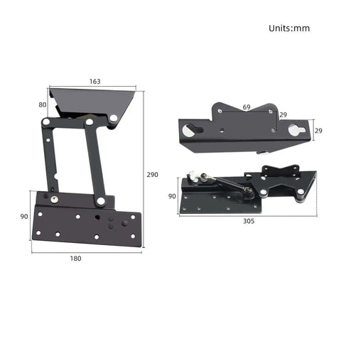 Diagram of two piece folding coffee table hinges with lifting top frame heavy duty spring lift mechanism for coffee tables and desks