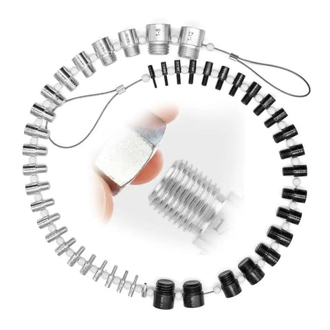 Nut And Bolt Thread Checker With 44 Male And Female Gauges For Quick Nut And Bolt Size Checks In Inch And Metric Featuring 23 Inch And 21 Metric Gauges For Fast Verifications Pro Grade Tool arranged in a circular display.