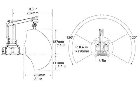 LewanSoul MaxArm robotic arm kit schematic with suction nozzle, Arduino/ESP32 platform, dimensions shown
