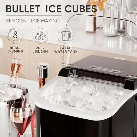 Countertop Ice Maker With Handle 26 Lb 24H Portable 9 Bullet Ice Cubes on countertop, making ice, beverages nearby.