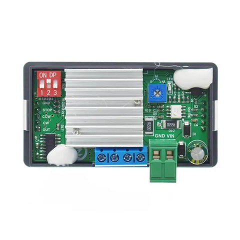 Close-up of the Two Pack Stepper Motor Driver Controller ZK SMC02 5 to 30V 4A with forward and reverse pulse speed control on circuit board.