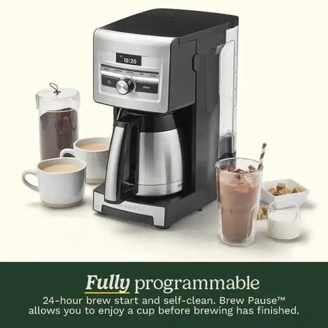 Personal Brew 10 Cup Thermal Coffee Maker Fully Automatic Programmable With No Fuss Hot Or Over Ice Options Brew Strength Control And 52 Ounce Removable Water Reservoir DCC 10 with thermal carafe and cups displayed.