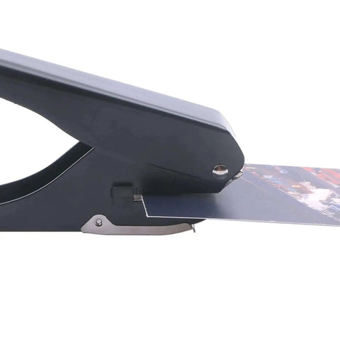 Heavy Duty Handheld Slot Punch For PVC ID Cards And Badges, Adjustable Card Depth, rust resistant metal punch showing side view operation