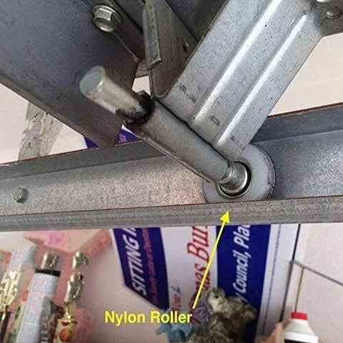 Installed Crazy Quiet 2 Inch Nylon Garage Door Roller With Sealed 6200ZZ Bearings on metal track, showing 7-inch stem