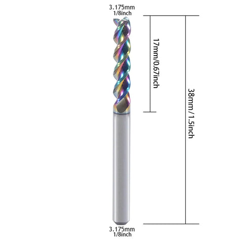 1/8 Inch Carbide Square End Mill For Aluminum And Copper, 3 Flute, DLC Coating CNC Router Bits, 3.175mm Diameter, 17mm Length
