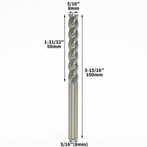 Five Sixteenth Inch HSS End Mill With Extra Long Straight Shank 8Mm Cutting Diameter And 8Mm Shank, visible length 100mm