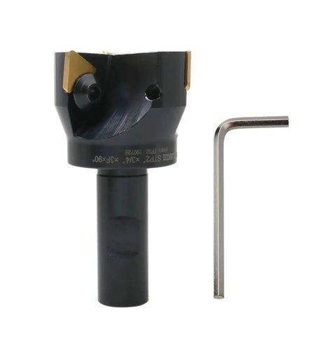 Indexable End Mill With TPG32 Carbide Inserts, Two Inch Cutting Diameter, Three Quarter Inch Straight Shank, Positive Rake Ninety Degree Right Hand Cut, Inserts Installed, Accusize Industrial Tools shown with tool
