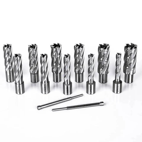 Heavy Duty Annular Cutter Set For Magnetic Drill Press With Two Inch Cutting Depth And Diameters From Seven Sixteenth To One And One Sixteenth Inches, Three Quarter Inch Weldon Shank, Includes Two Pilot Pins Oscarbide Thirteen Piece Kit