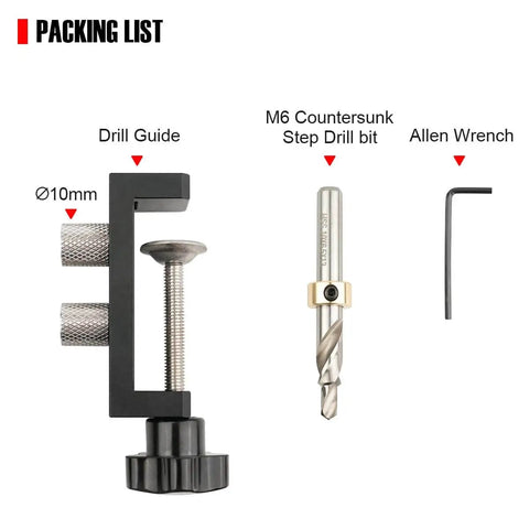 Packing list showing Aluminum Profile Drill Guide For Access Holes, M6 Countersunk Step Drill Bit, and Allen Wrench.