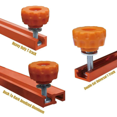 T-Track Knob Kit With 1/4-20 Threaded Knobs, T-Bolts And Washers For Woodworking Jigs And Fixtures installed on orange T-tracks
