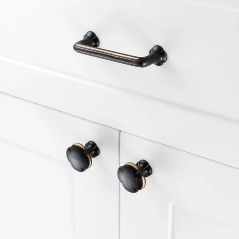 10 Pack 3 Inch Hole Centers Oil Rubbed Bronze Cabinet Pulls With Clover Design on white cabinet