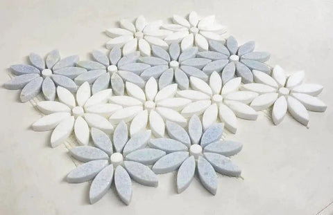Daisy Flower Pattern Marble Mosaic Tiles in Celeste Blue and Thassos White, waterjet cut, polished finish, by Tenedos.