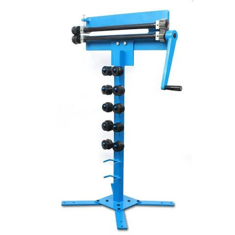 Bead Roller For Sheet Metal With Twelve Dies, Heavy Duty Rotary Beading Machine, shown with blue steel frame and manual crank