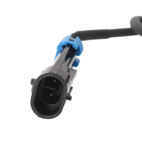 Front view of Aramox rear wheel speed sensor for Indian motorcycle, black housing with blue clip and wiring