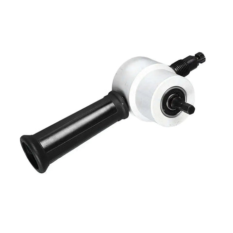 Dual Head Sheet Metal Cutter With 360 Degree Adjustable Nibbler Drill Attachment for iron, stainless steel, and copper cutting, side view.