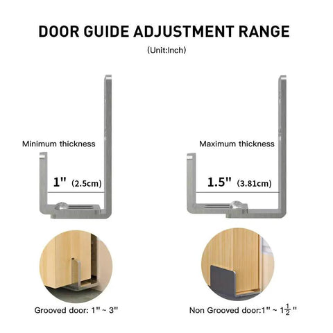Stainless Steel Sliding Barn Door Floor Guide 2 Pack With Adjustable Brackets For Bottom Track and Wall Mount Flush Bottom Design Protects Flooring Heavy Duty Anti Corrosion Finish Smooth Quiet Operation For Closets shown with adjustment range and door thickness compatibility details.
