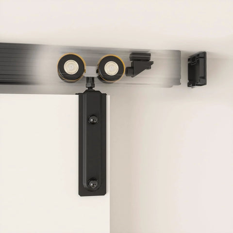 Close-up of installed 60 Inch Box Rail Sliding Barn Door Hardware Kit with Ceiling Mount Heavy Duty Aluminum Track in Black Powder Coat