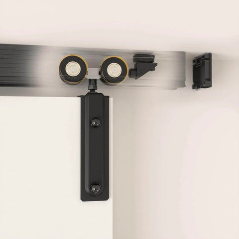 72 Inch Box Rail Sliding Barn Door Hardware Kit With Ceiling Mount Built Tough Black For Exterior And Interior Use No Door Included Fits Up To 32 Inch Opening And 36 Inch Door Panel Aluminum Alloy Track, close-up view