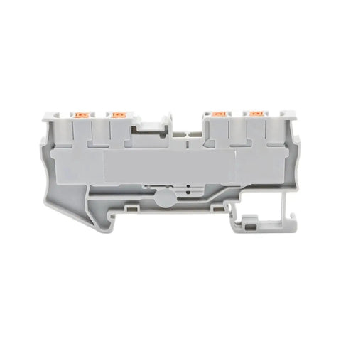 Side view of 50 Pack PT 2.5 Quattro 4 Wire Terminal Block For DIN Rail With Spring Clamp Quick Safe Electrical Connection, gray