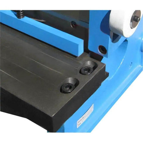 Close-up of 52 Inch 16 Gauge 3 In 1 Sheet Metal Shear Brake Slip Roll Bender Pan Box Workhorse, showing metal surface and blue framework