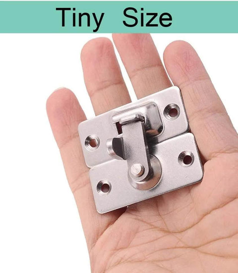 Hand holding stainless steel Two Pack 90 Degree Sliding Barn Door Privacy Lock With Right Angle Latch Cam Lock