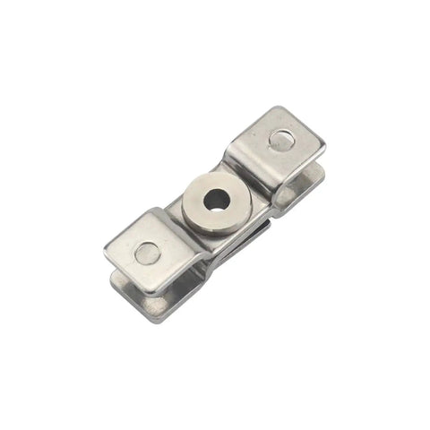 Close-up of a silver damping torque hinge component for cabinet doors; 1 piece.