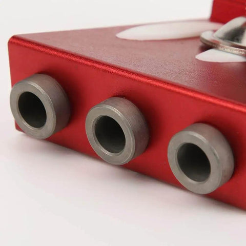 Close-up of red Pocket Hole Drill Guide Aluminum Alloy Woodworking Jig For Precise Hidden Joints And Fast Furniture Assembly