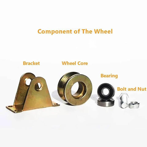 Components of 2 Pack 2 Inch V Groove Wheel Sliding Gate Track Roller showing bracket, wheel core, bearing, bolt, and nut.
