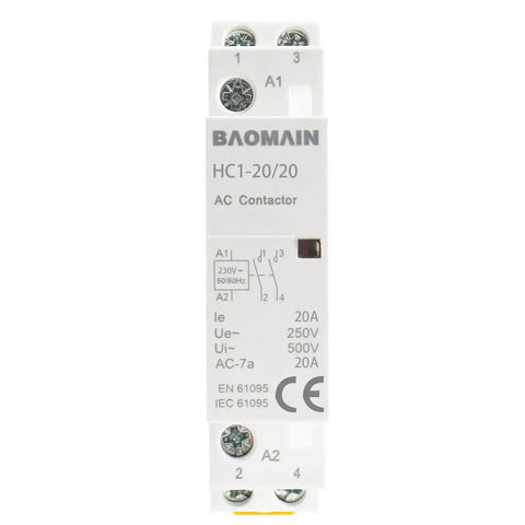 Front view of AC Contactor 230V 20A 2 Pole 2NO Din Rail Mount Magnetic Contactor for industrial panels.