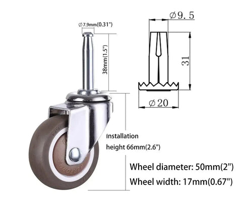 2 Inch Rubber Caster Wheel Set Of 4 With Five Sixteenth Inch By One And A Half Inch Stem And 20mm Socket Inserts For Furniture Crib Trolley Dining Car Casters Easy To Install Durable Quiet Rolling For Home And Workshop, side view with measurements.
