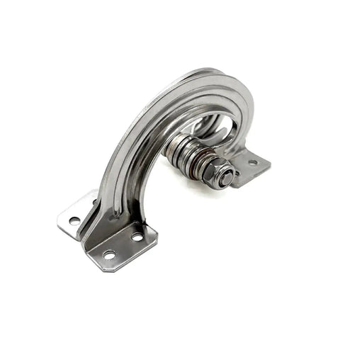 Stainless steel damping hinge with hidden torque; curved multi‑layer arm and two mounting plates with holes
