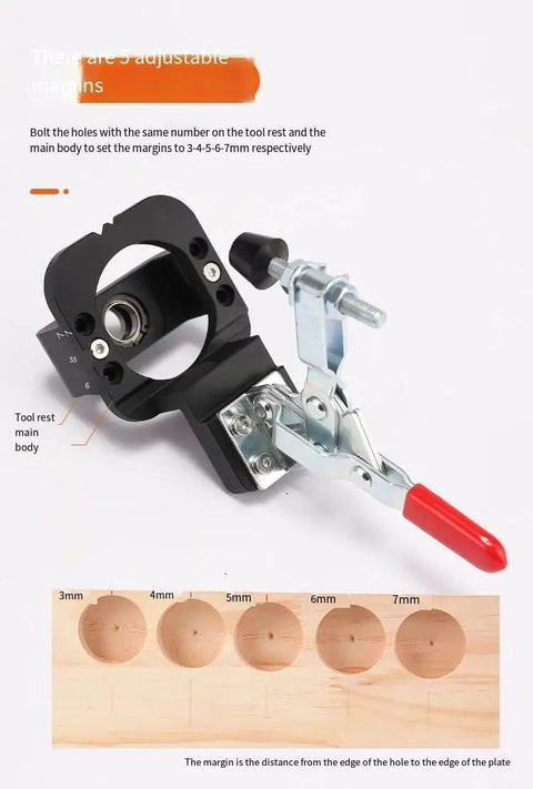 35mm Hinge Drilling Guide for Cabinets and Doors, Adjustable Template with Pre-Aligned Hole Drill Guide, shown with drill mechanism.
